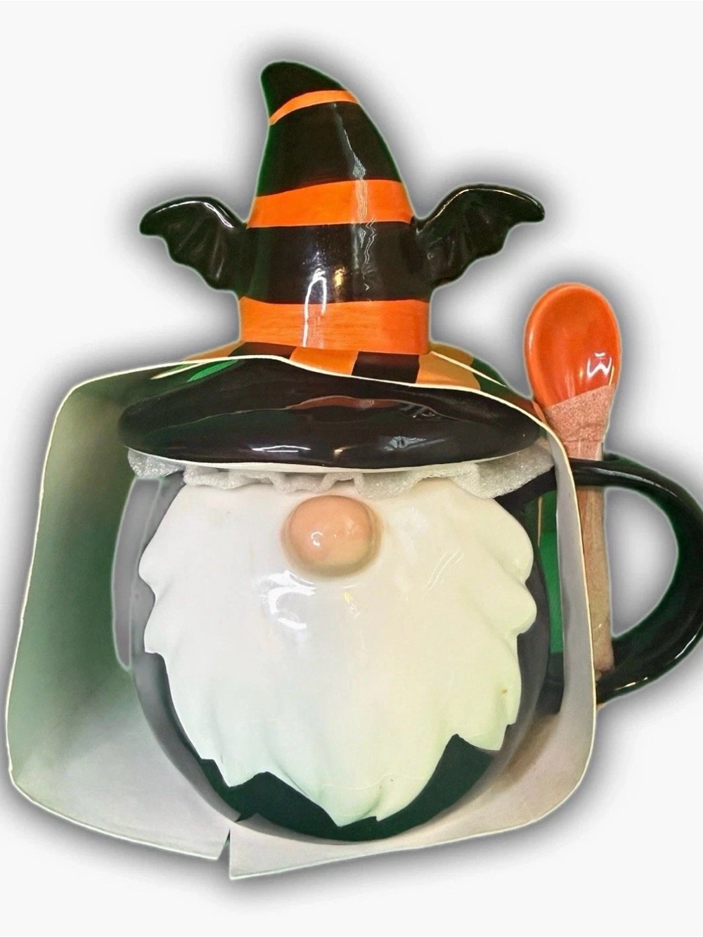 Halloween Witch Gnome Ceramic Lidded Mug with Spoon - Black & Orange